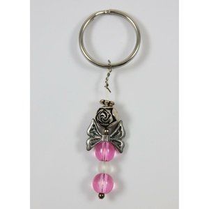 Key Ring Purse Charm Silver-Tone Pink Beads Rosebud Butterfly/Bow Angel Handmade